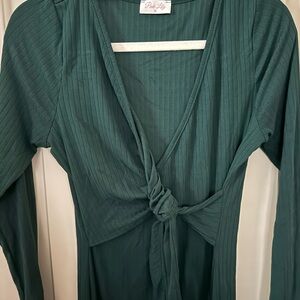 Pink Lily Green Ribbed Tie-Front Top